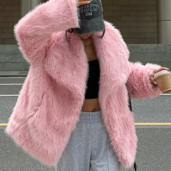 Red Casual Women's Fluffy Long Sleeve Jacket - Picture 5 of 5